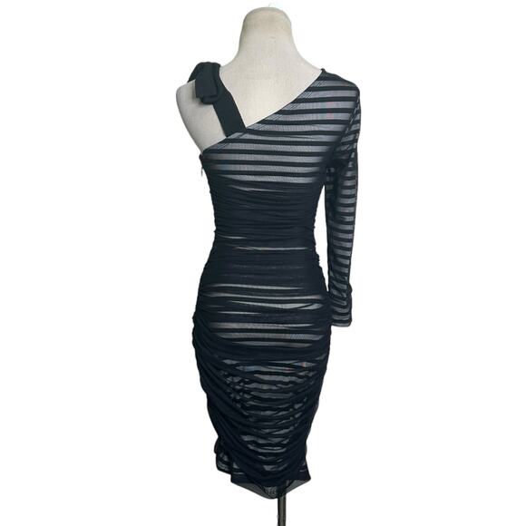 BCBGMAXAZRIA Black Striped One Shoulder Mesh Overlay Cocktail Dress size XS - Picture 2 of 16
